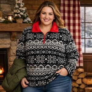 Lands’ End Fair Isle Fleece Pullover 1/4 Zip Snowflake Size 1X 16W 18W